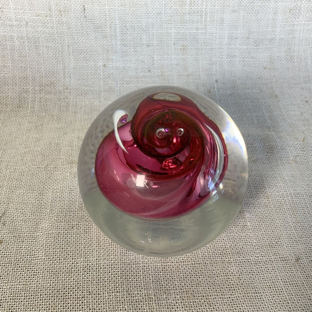 Adam Jablonski Art Glass Paperweight Encased‎ Red Pink Signed AJ Poland EUC